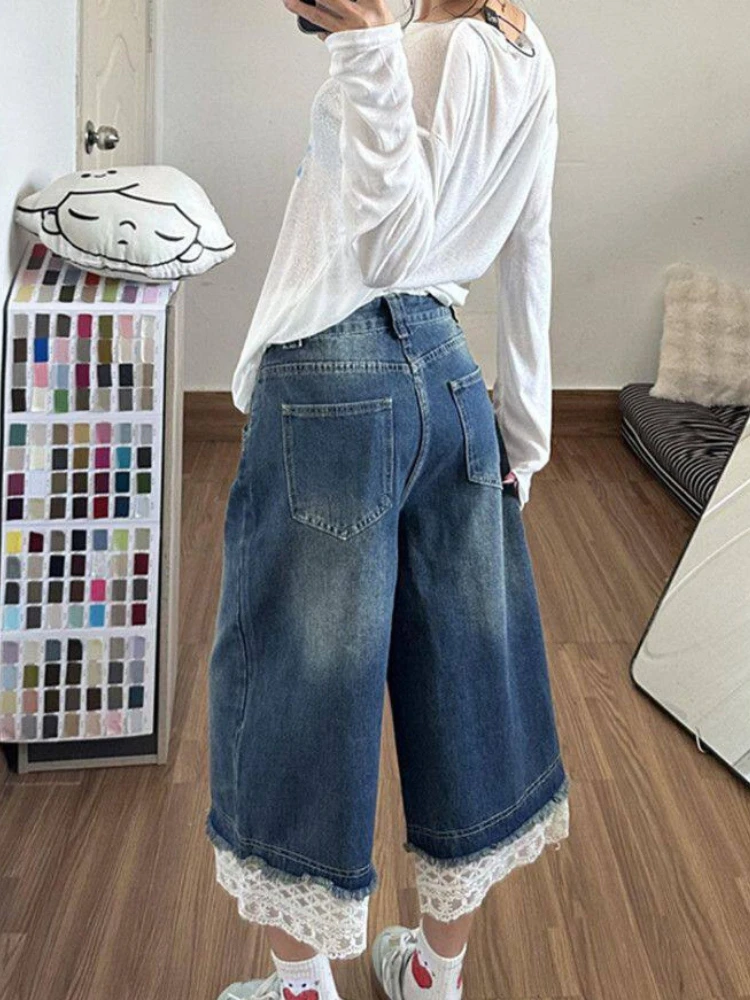 Vintage Lace Patchwork Denim Wid Leg Pants High Waist Loose Straight Slim Pantalones Casual Elegant Streetwear New Jeans