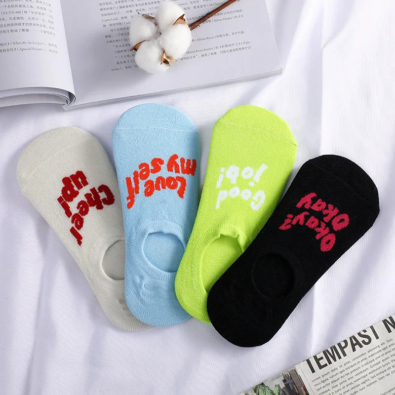 

4 Pairs Korea Ins Trend Cotton Cartoon Funny Letters Solid Non-slip Women Low Cut Boat Socks Girls Lovely Slipper Sox Summer