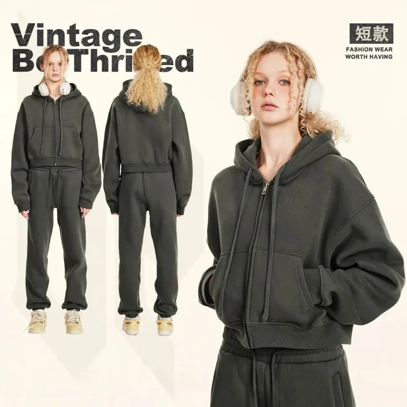 Autumn Women's Tracksuit 2 Piece Set Full-zip Long-sleeved Hooded Jackets with Loose Drawstring Long Sweat Pants Casual Outfits