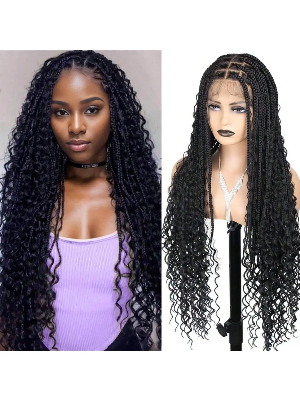 

Long Bohemian Boho Box Braided Wig Synthetic Full Lace Frontal Boho Braided Curly Lace Wigs with Baby Hair For Women Daily Use