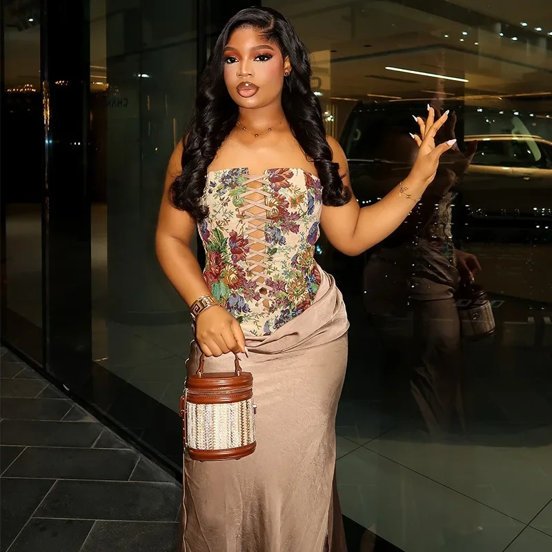 

Женский комплект платьев с принтом, корсет без бретелек, топ + атласная длинная юбка, костюм 2025, летний элегантный вечерний комплект из двух предметов, комплект одежды