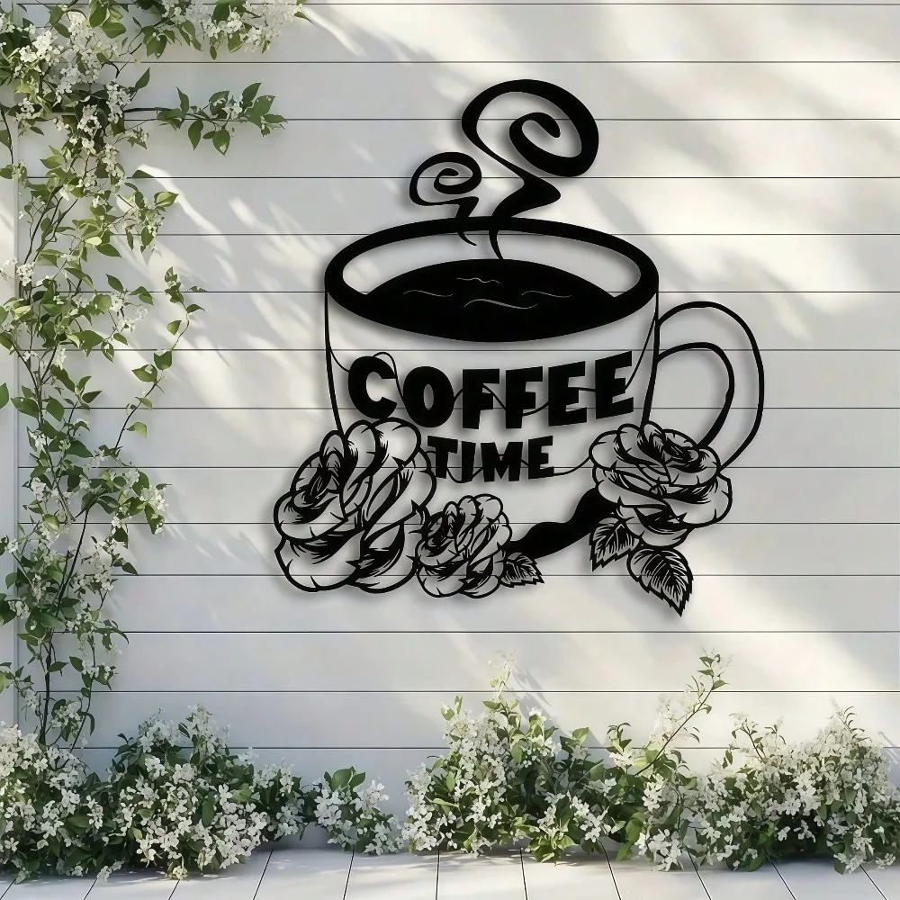 Art Deco Coffee Time Iron Wall Plaque Laser Cut Metal Art Weatherproof Decor for Indoor & Outdoor Use