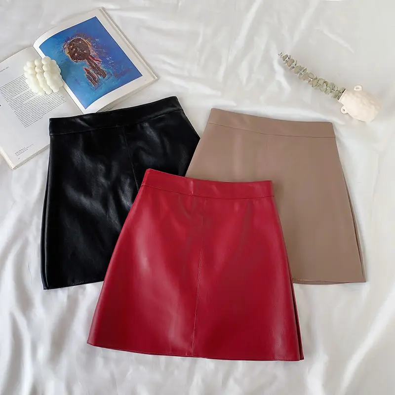 Solid Zipper Wrap Hip Leather Skirt Autumn Winter New Korean High Waist Mini Skirt Female Chic Sexy Club A-line Pu Skirts Women