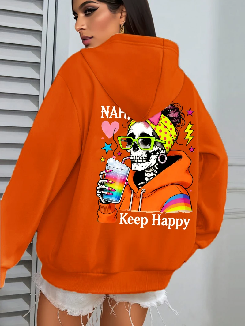 Houd Happy Drinks Kleurrijke Schedels Print Vrouwen Hoodie Herfst Losse Hoodies Mode Y2K Streetwear Fleece Pocket Jogging Hoody