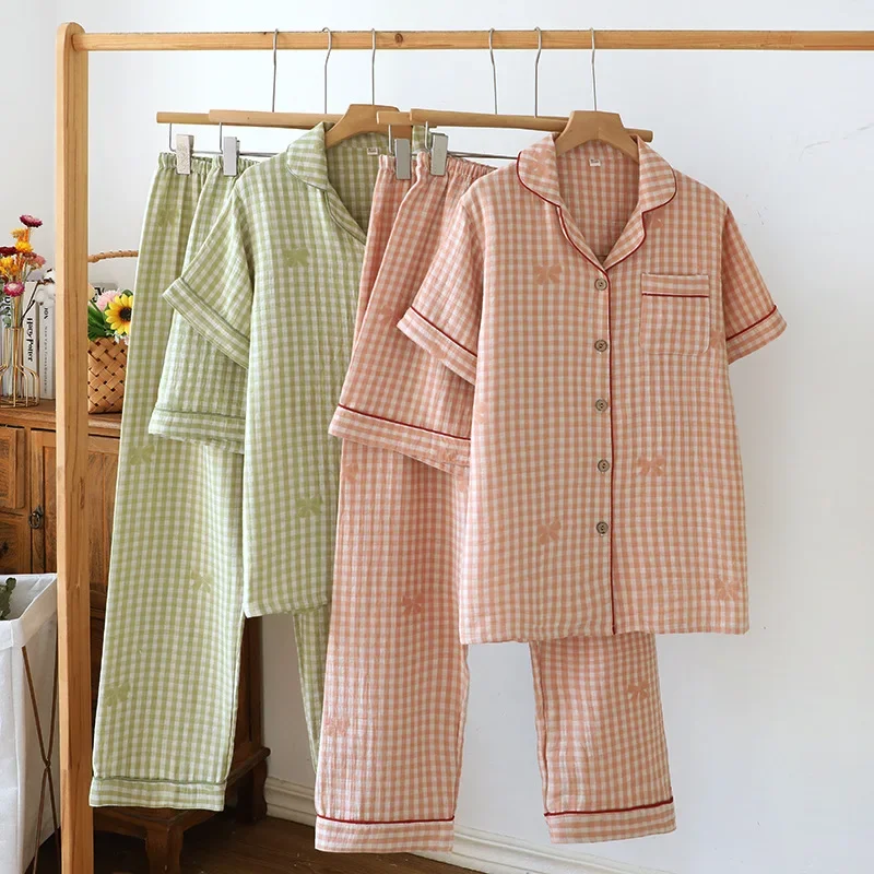 

Three Piece Set Cotton Women's Home Clothes Short Sleeve Cardigan Tops with Shorts and Long Pants Loose and Thin Simple Pajamas