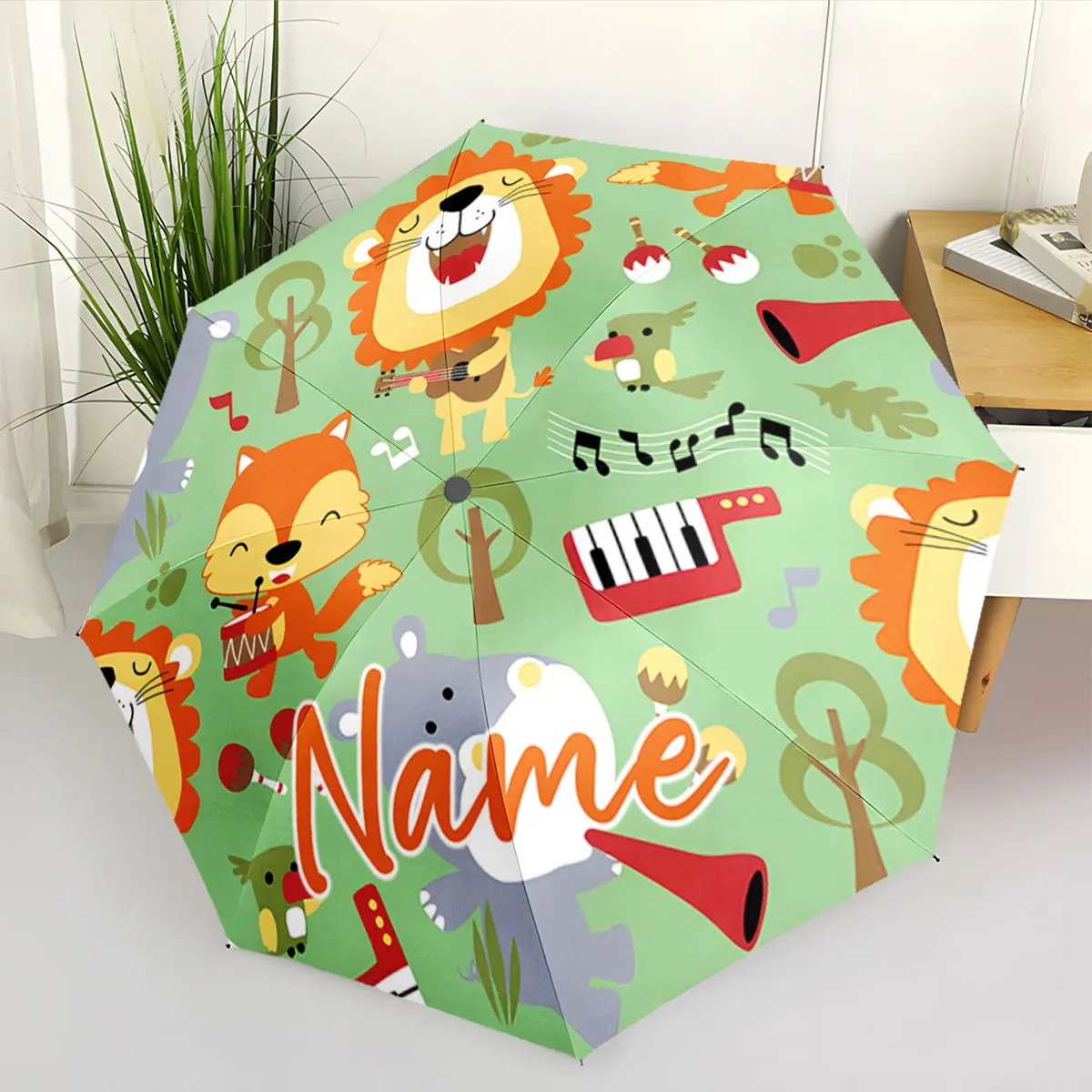 Custom Name Colorful Cartoon Animal Design Umbrella for Kids Print 8 Iron Ribs Folding Umbrella, Auto-Open Fashion Sunshade