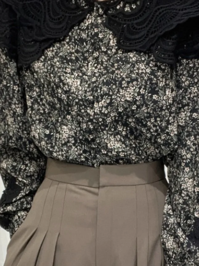 우아한 세련된 긴 소매 레이스 후크 꽃 느슨한 다목적 대형 칼라 셔츠 여성 패션 가을 겨울 복고풍 스타일