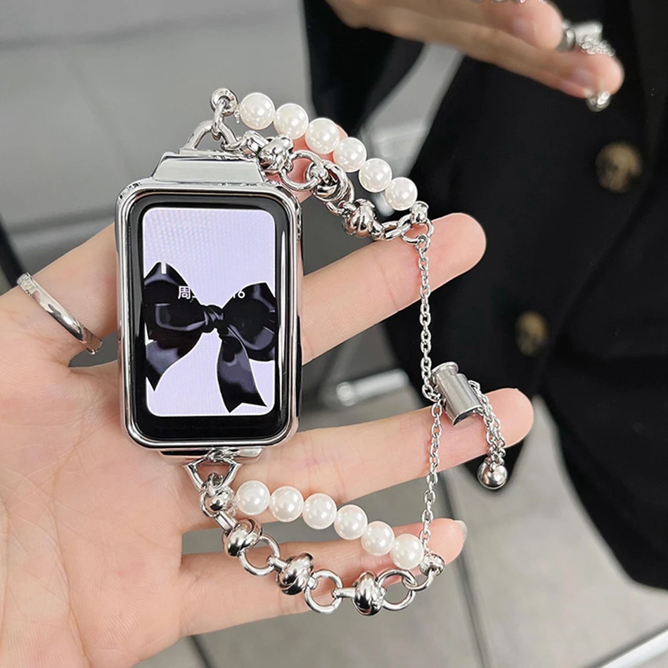 สายโลหะสำหรับ Xiaomi Mi Band 7 Pro สายนาฬิกาพร้อมสายรัดข้อมือแฟชั่น INS ผู้หญิงหรูหราสร้อยข้อมือโซ่มุก Miband 7 Pro