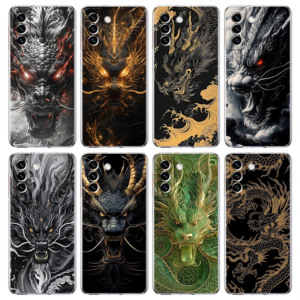 Transparent Cover for Samsung Galaxy S25 S24 S23 S22 S20 S21 FE Ultra Edge S24 S23 S10 Plus 5G Phone Case Golden Chinese Dragon