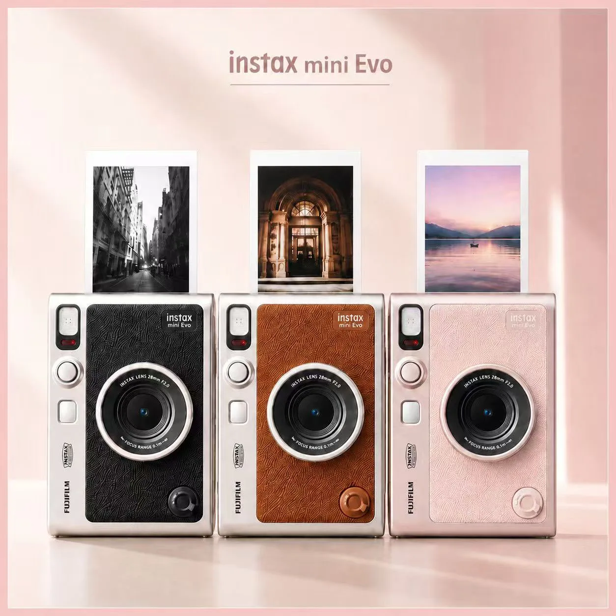 Nuevo Modelo Rosa, Cámara Fujifilm Instax Mini Evo, Marrón/Negro Opcional, Película Blanca de 20/40 Hojas, Cámara Instantánea Fuji, Foto desde el Teléfono Inteligente