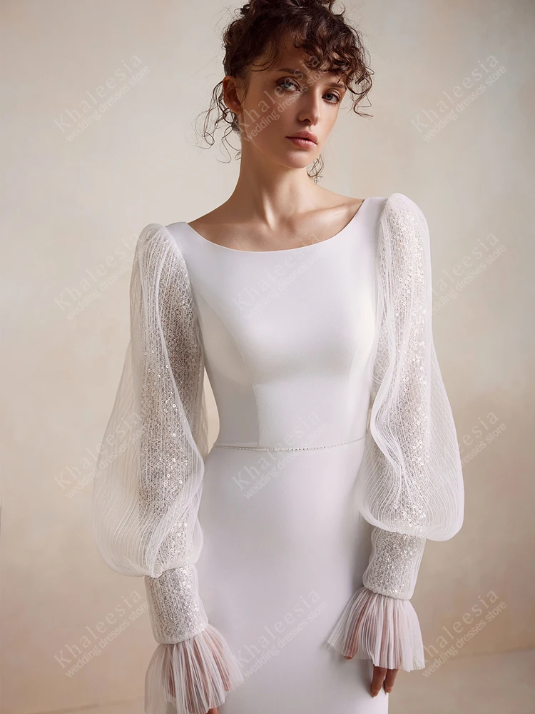 Vestidos de casamento elegantes, vestidos de noiva de cetim, mangas compridas bufantes, roupões para festa formal, encantadores, personalizados, 2025