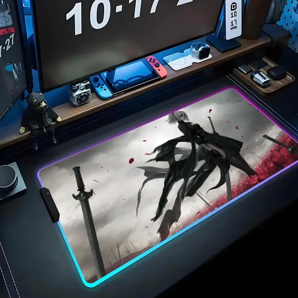 

Game White haired Warrior Mouse Pad RGB Gaming Mousepad Big LED Pad PC Desk Mat Luminous Mouse Pad Large Keyboard Mats Table Rug