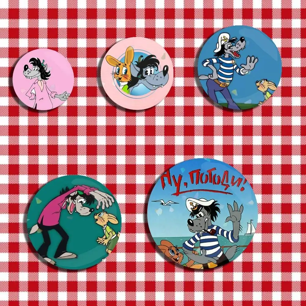 Russia Cartoon Nu, pogodi Laser Badge Creative Pins Brooch for Decor Gifts Fans Collect Easter decorations