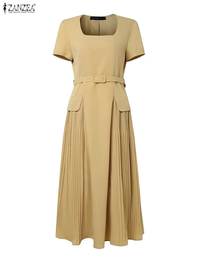 

2025 ZANZEA Elegant Women Party Dresses Short Sleeve Square Collar Midi Vestidos Summer Solid Belted Fashion Office Lady Robe