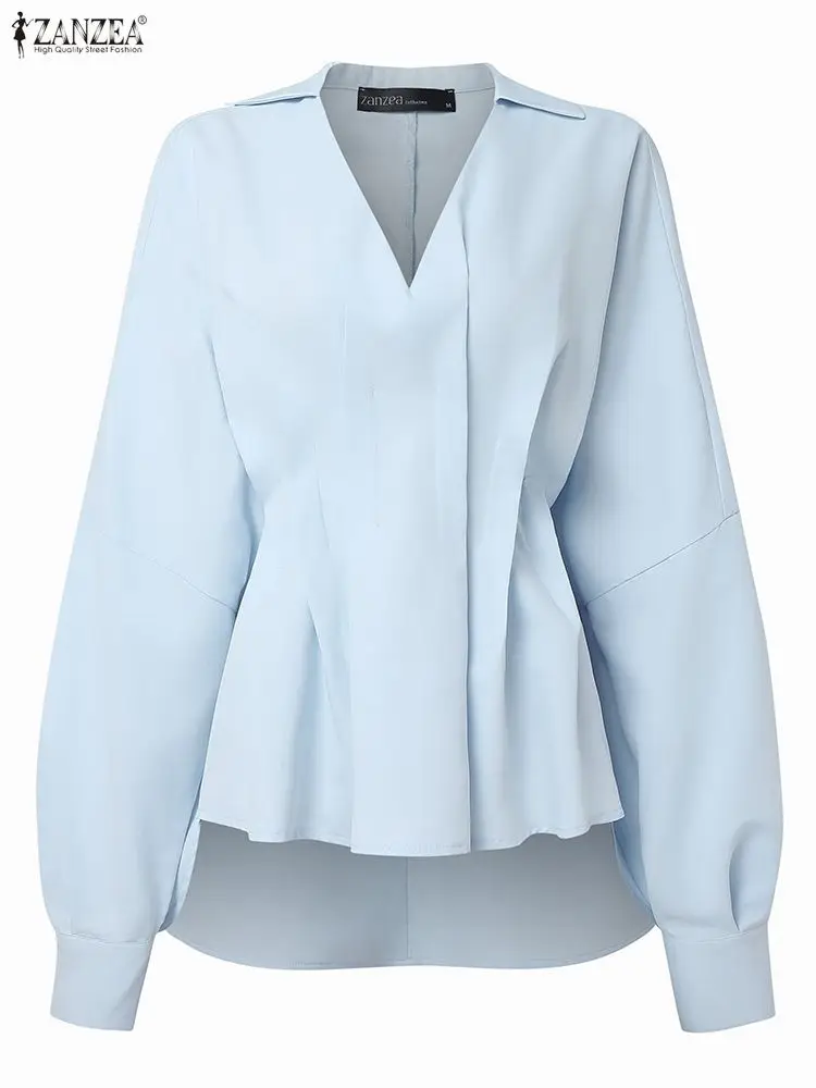 ZANZEA Donna Autunno OL Camicetta da lavoro 2025 Elegante risvolto Collo Manica lunga Top Camicia alta bassa Solido a pieghe Blusas Chemise femminile