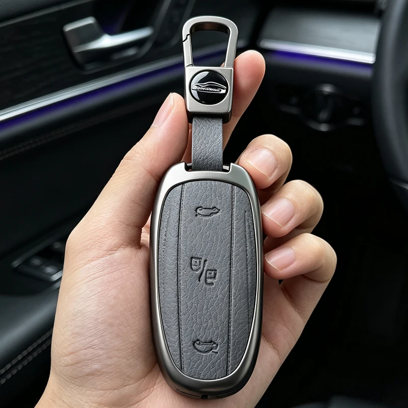 Metal Leather Car Fob Smart Remote Key Case Cover Holder For Tesla Model X Model x Interior Protection Shell