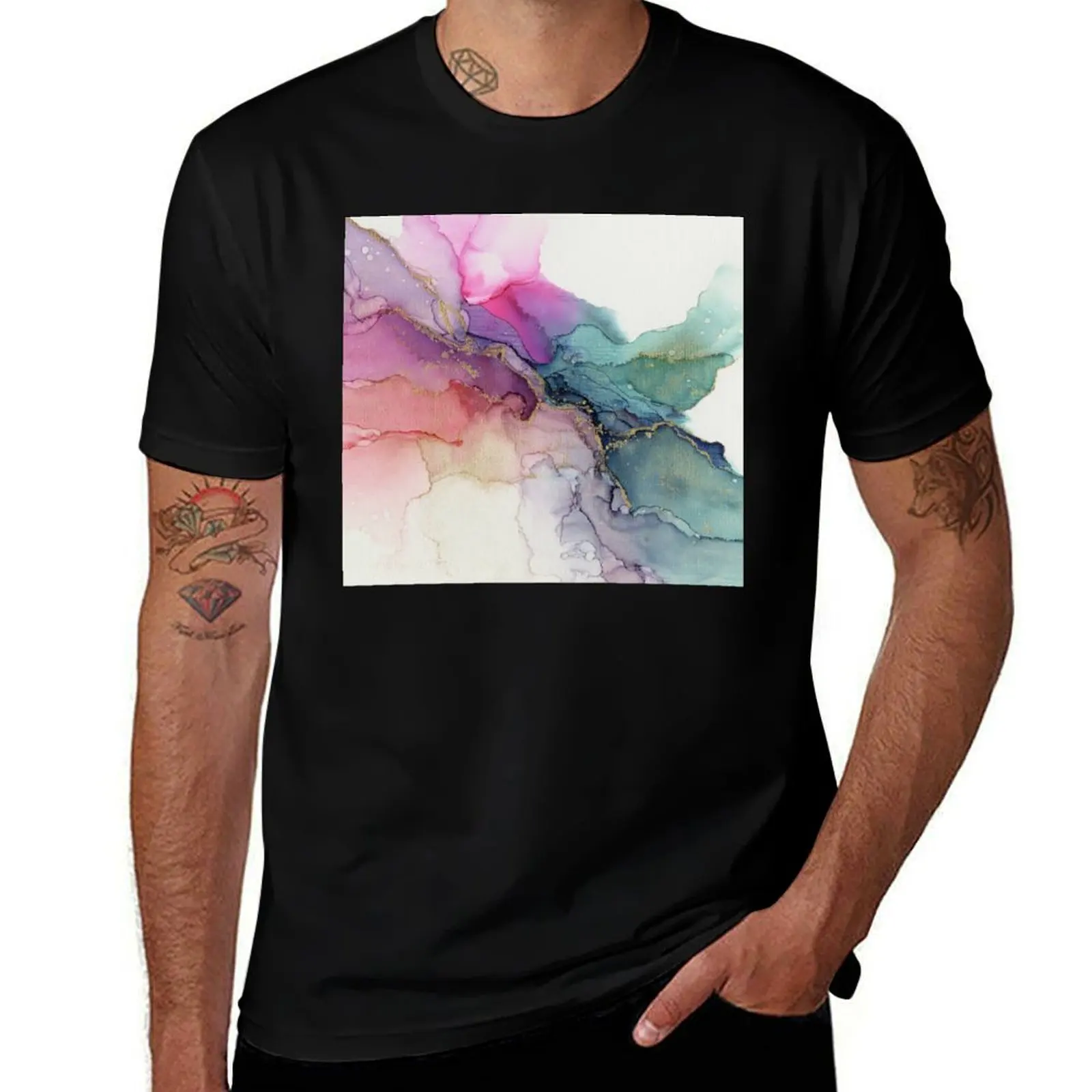 Abstract Coral Turquoise Gold Ink Painting on Canvas T-Shirt Big Size Short Sleeve Casual Top
