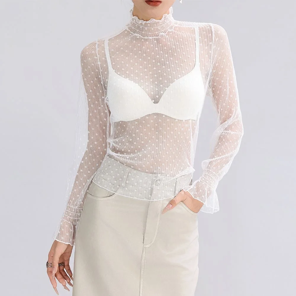 Fashion Mesh High Neck T-Shirt Tops Long Sleeve High Collar See Through Blouse See-through Mesh Sheer Long Sleeve