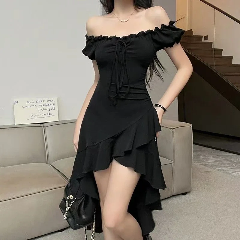 

Summer Black A-LINE Dress Women Streetwear Sexy Off Shoulder Short Sleeves Ruffled Mid Length Dresses Club Elegant Partywear