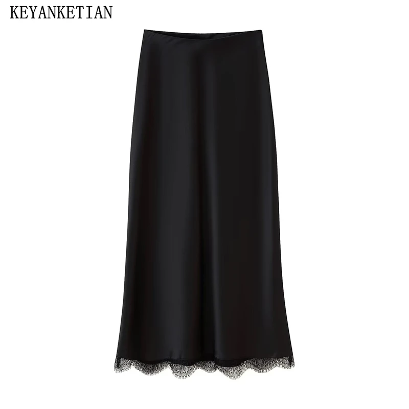 

KEYANKETIAN, новая летняя женская кружевная атласная текстура, миди-юбка с завернутыми ягодицами, длинная юбка