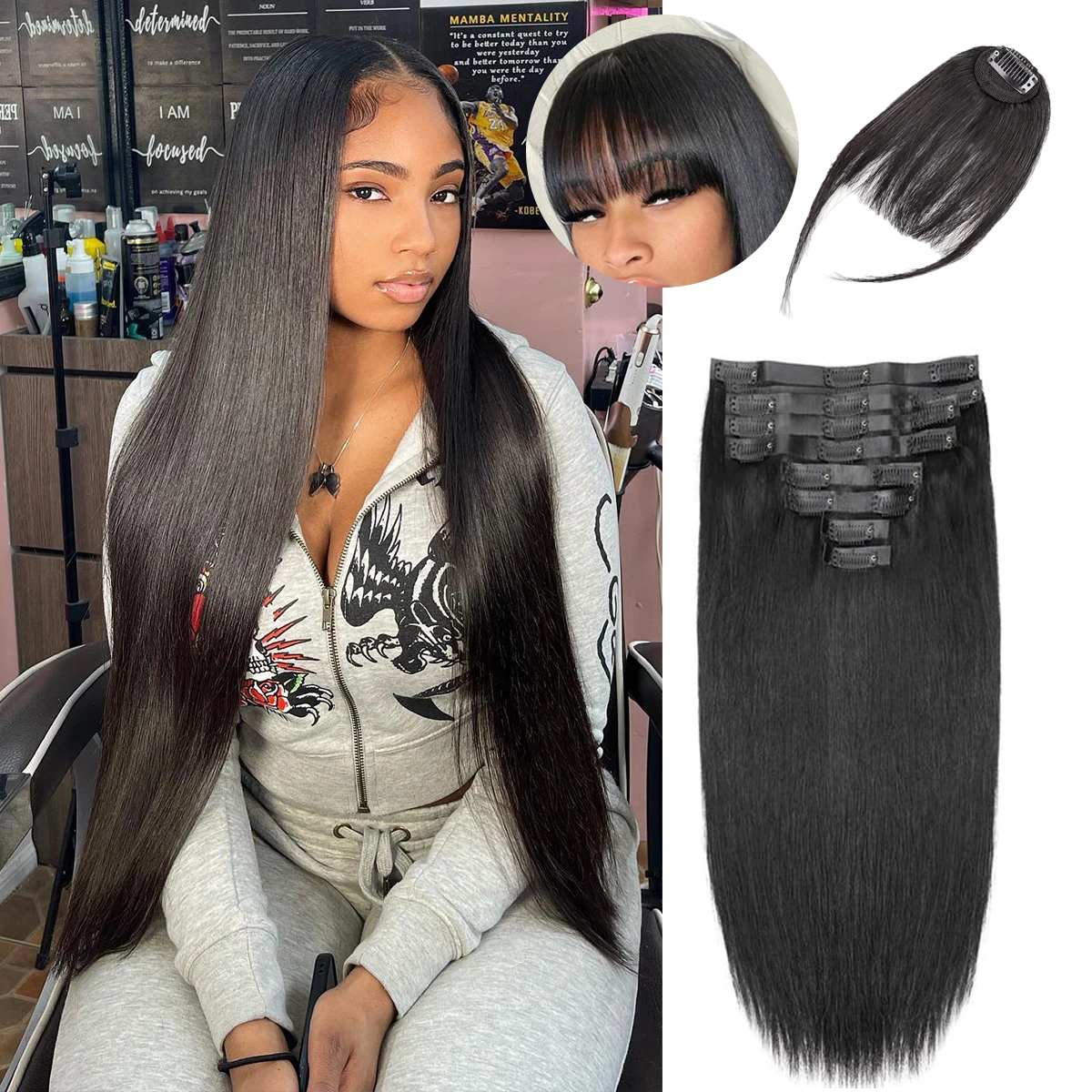 

Натуральные черные волосы на заколке, настоящие человеческие волосы, 18 дюймов, 140 г, натуральные черные заколки из 100% бразильских человеческих волос, 10 шт. в комплекте