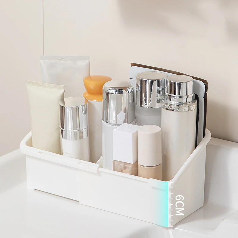 Extendable Mirror Vanity Organizer - Adjustable Compartment Desktop Storage Box with Built-in Mirror for Makeup & Skincare