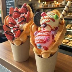 2pcs Set Sweet Sugar Ice Cream Scoop Strawberry Chocolate Sauce Cream Street Snacks Cart Market Sales Model Gift Bubble Waffle