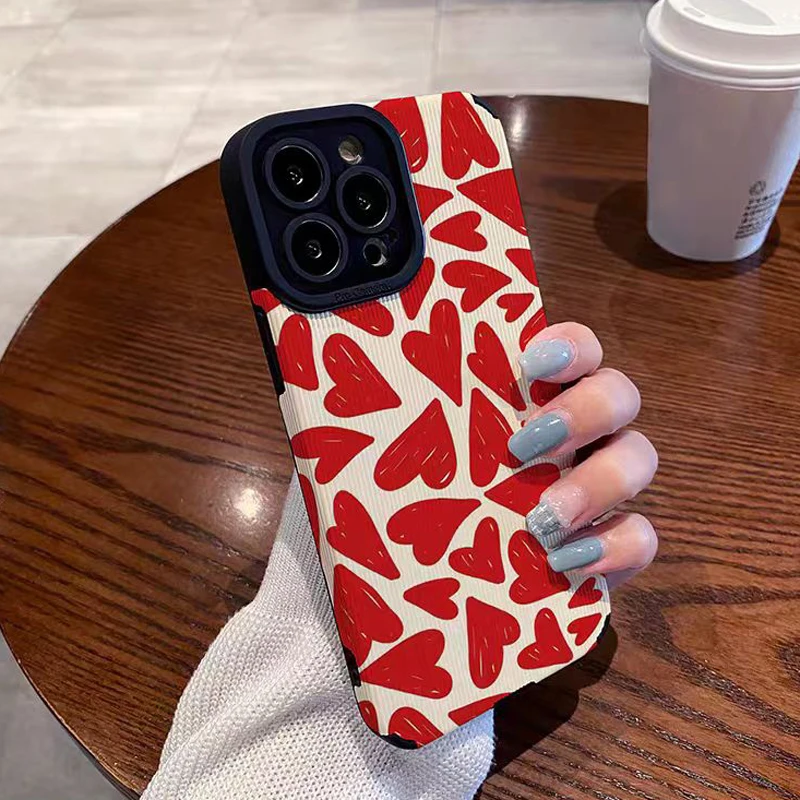 Fashion Red Love Heart Silicone Case For iPhone 11 12 13 14 15 Pro Max Mini X XS XR 8 7 16 Plus Soft Leather Shockproof Cover