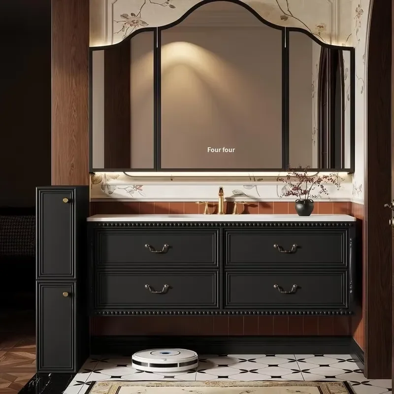 STLF Rubber Wood French Retro Wall-Mounted Bathroom Cabinet Combo Toilet Vanity Sink Side Cabinet Stone Slab Integrated Basin