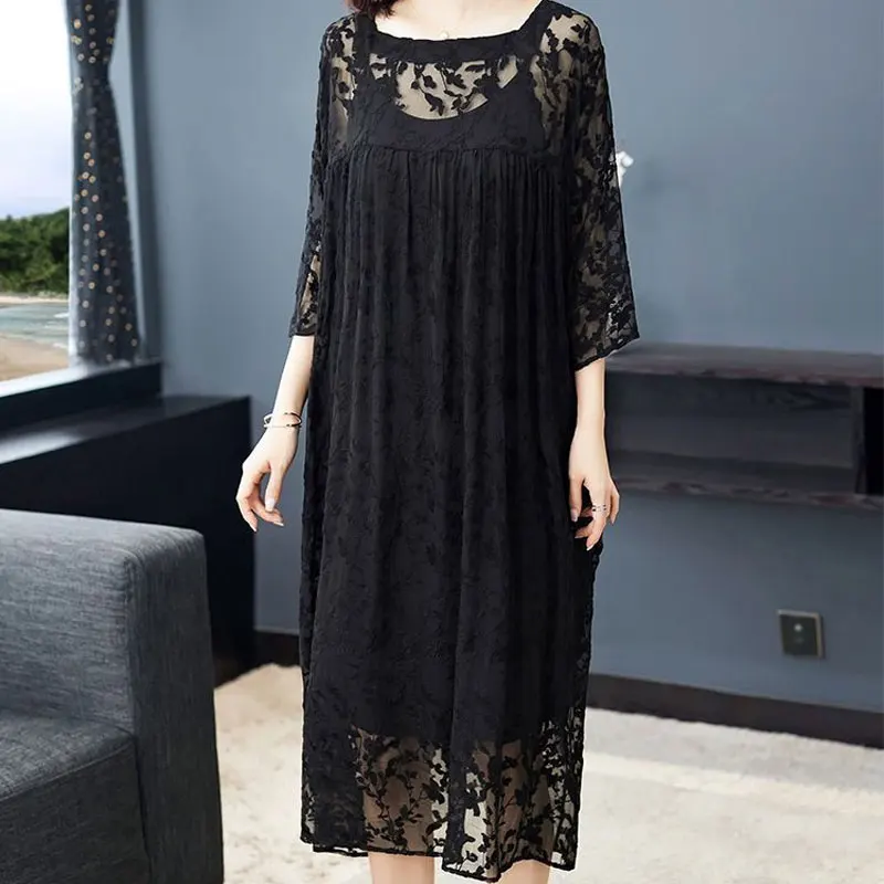 Fashion Summer Sexy Lace Midi Dress Women\'s Clothing Round Neck Loose Elegant A-Line Casual Spliced Commute 3/4 Sleeve Dresses