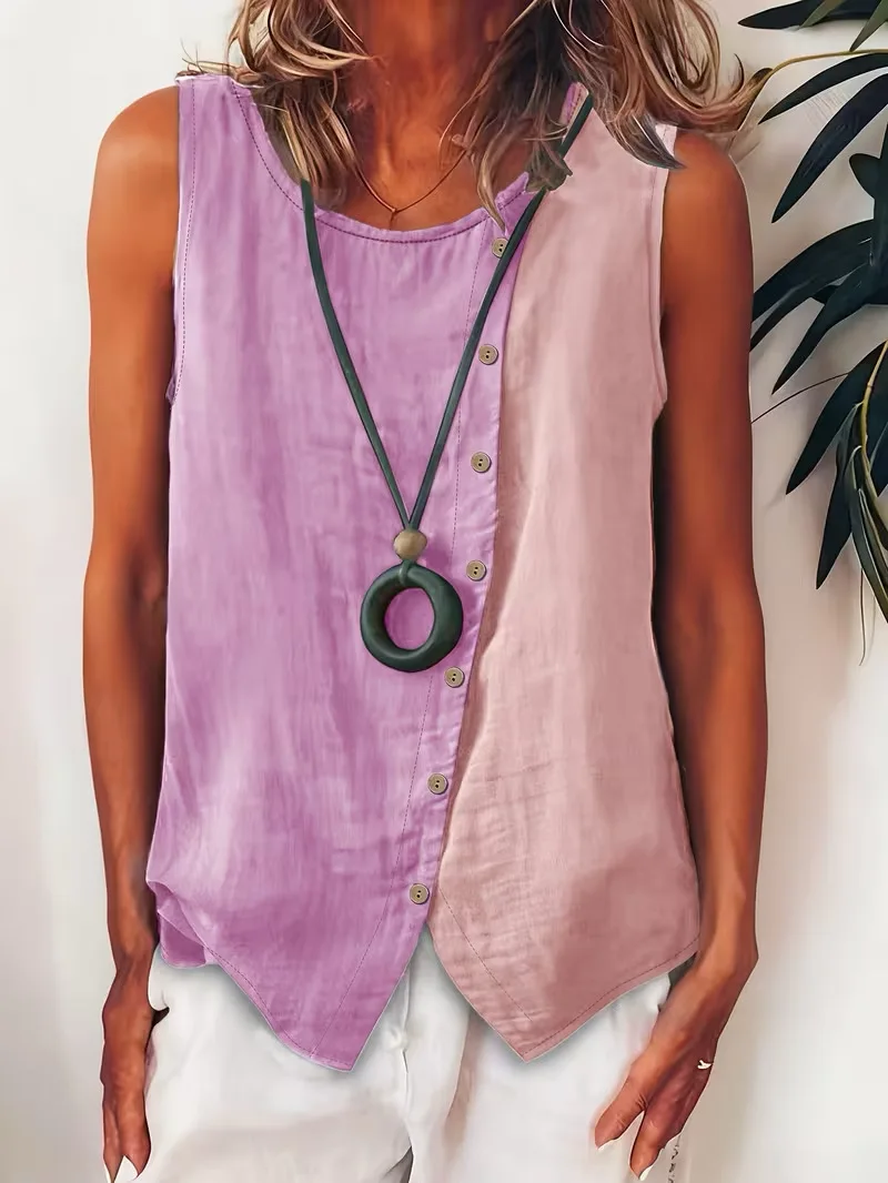 2026 Europäische und Amerikanische Neue Damen Freizeit-Colorblock-Ärmellose Knopfbluse mit seitlicher Einreihiger Knopfleiste, Rundhals – Detail 3