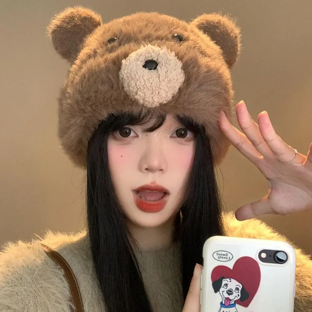 Autumn Korean Cute Bear Ear Hat Warm Casual Pompom Beanie Cap Plush Outdoor Women Fluffy Hat All-match