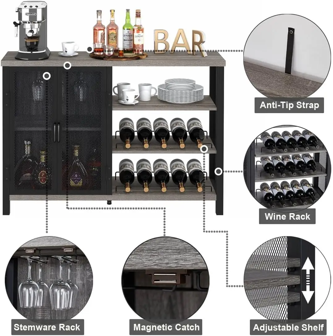 BON AGURE-Armário industrial Home Bar com cremalheira do vinho, Armário de bebidas rústicas para casa, Coffee Bar Cabinet com armazenamento