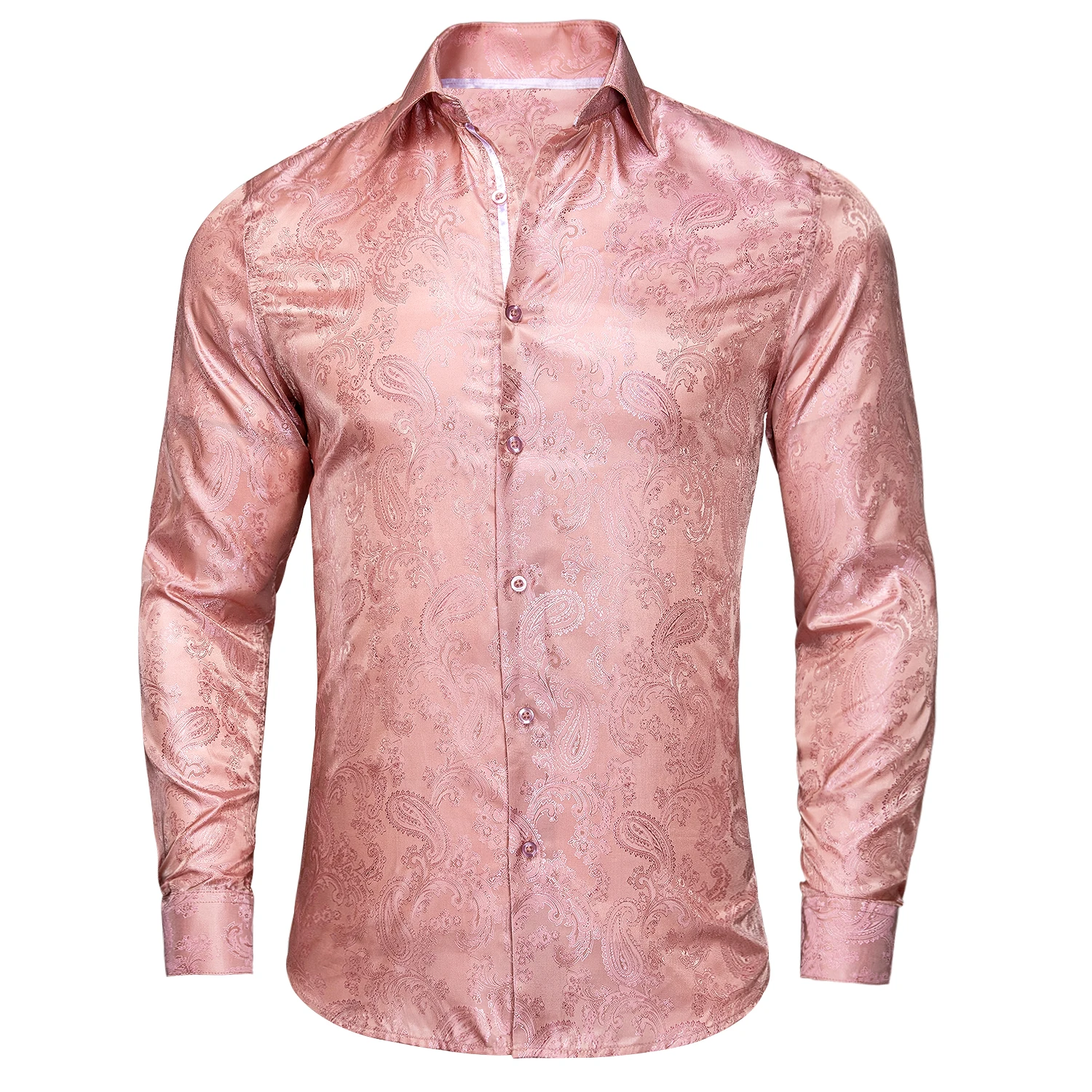 Coral Pink Paisley Men Silk Shirt Spring Autumn Long Sleeve Wedding Turndown-Collar Dress Suit Shirt Business Formal Gift Hi-Tie