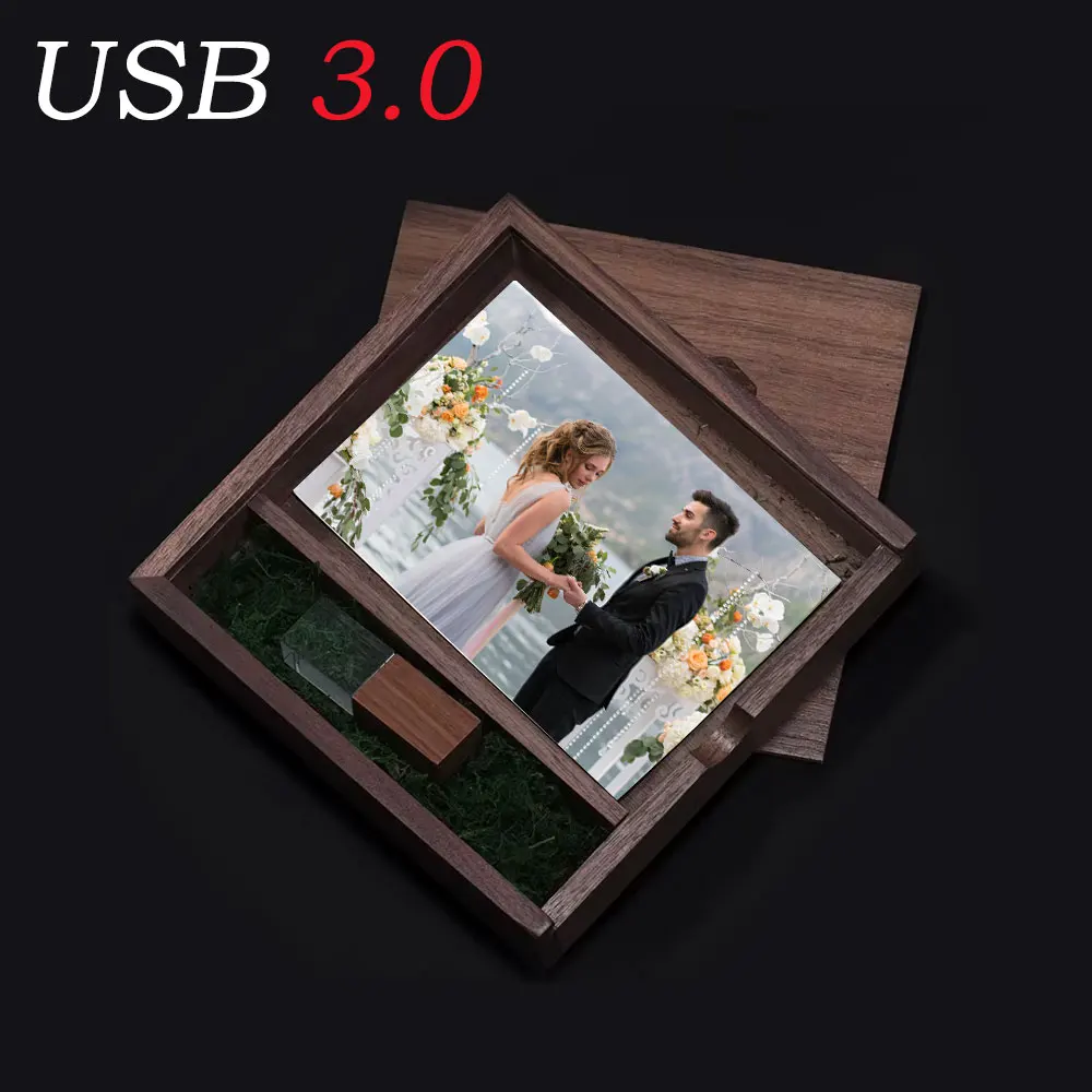 

High Speed Photo Wooden Box USB 3.0 Flash Drive Free Logo Wedding Gifts Pen Drives Memory Stick Real Capacity U Disk 64GB/32GB
