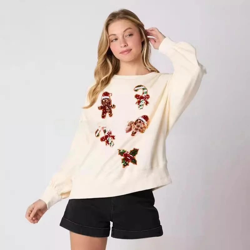 Automne hiver nouveau Sle transfrontalier femmes décontracté longue Sve Cisas pain d'épice homme paillettes Sweat petit haut pour les femmes