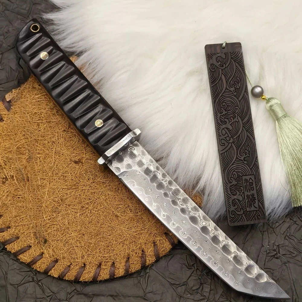 高硬度ダマスカスブレード黒檀ハンドルアウトドアポケットナイフ荒野サバイバルツール旅行登山キャンプポータブルナイフ