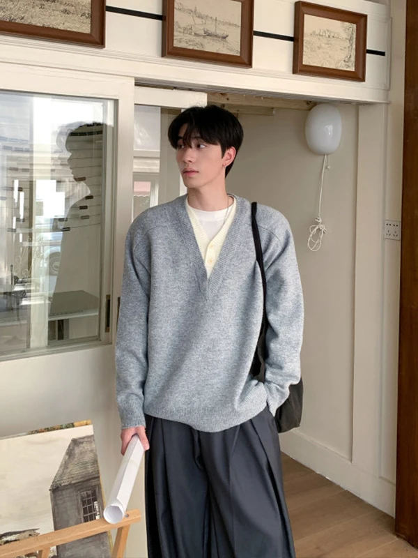 

Мужской вязаный джемпер в американском винтажном стиле с V-образным вырезом, имитация двухслойности, модный, для осени и весны, CleanFit Ci Walk Home Da