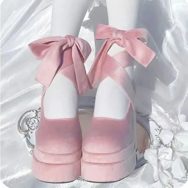 2024 Suede Butterfly Knot Pumps Women Sweet Pink Mary Jane Shoes Cross Strap Thick Heel Shoes Ladies Elegant Dress Party Pumps