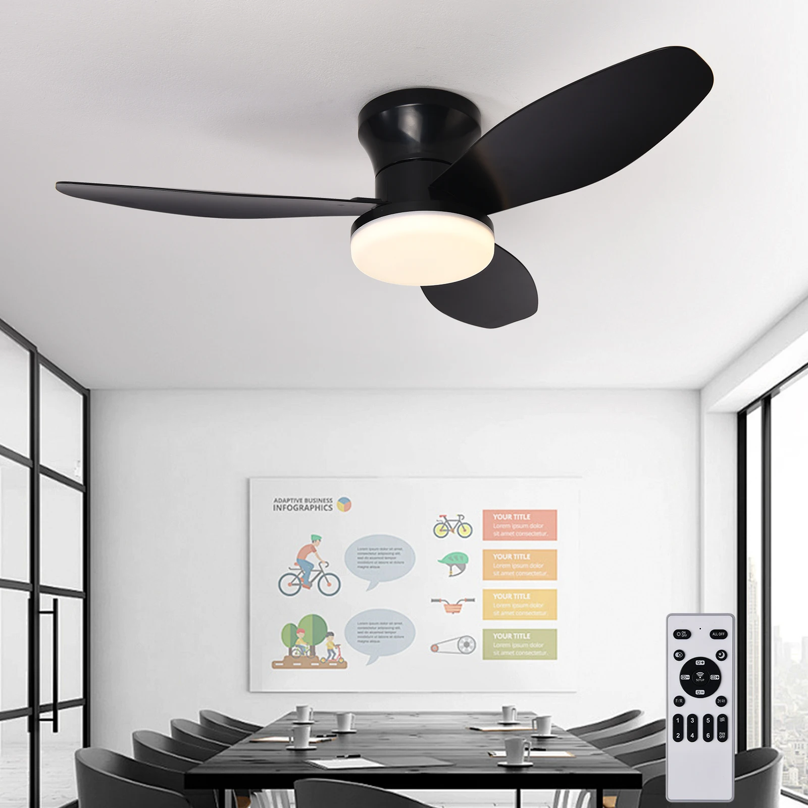 34.6'' Ceiling Fan with Light and Remote, LED Ceiling Fan with 3 Fan Blades, for Indoor Bedroom Living Room Dining Room Kitchen