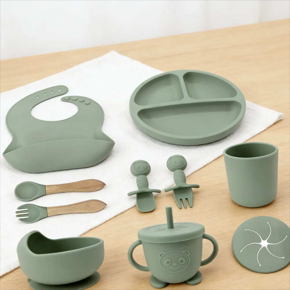 

Набор посуды для малышей, силиконовая тарелка с вилкой, ложкой, детская ложка, миска для кормления, принадлежности для младенцев, набор из десяти предметов