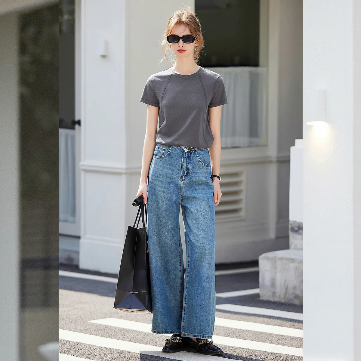 LOUIS YAO 2025 Summer Solid Color Versatile Simple T-shirt Round Neck Split Line Design Short Sleeve Women's T-shirt