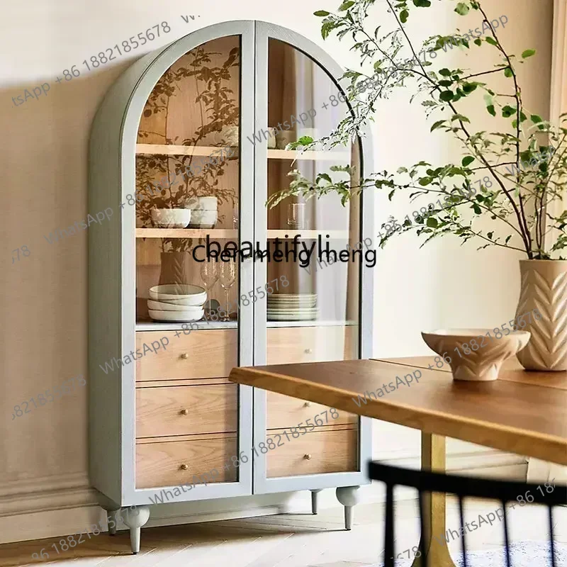 

Y183FFrench Retro Vintage Arched Double Door Solid Wood Bookcase American Color Matching Glass Storage Sideboard Cabinet furnitu