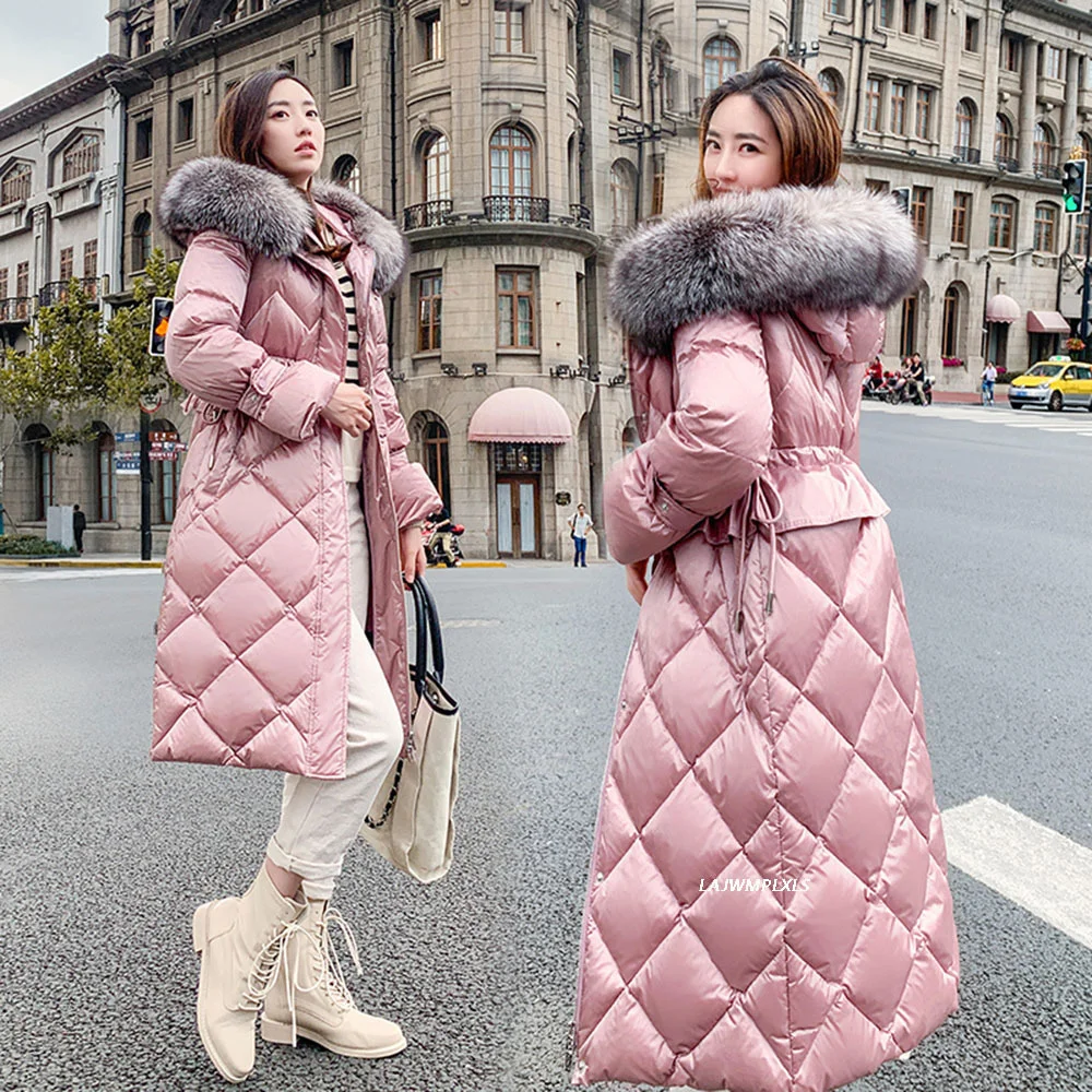 High 2023 Quality New Women Coats Real Fur Collars Adjustable Waist Winter Warm Long White Down Jackets Casual Outerwear