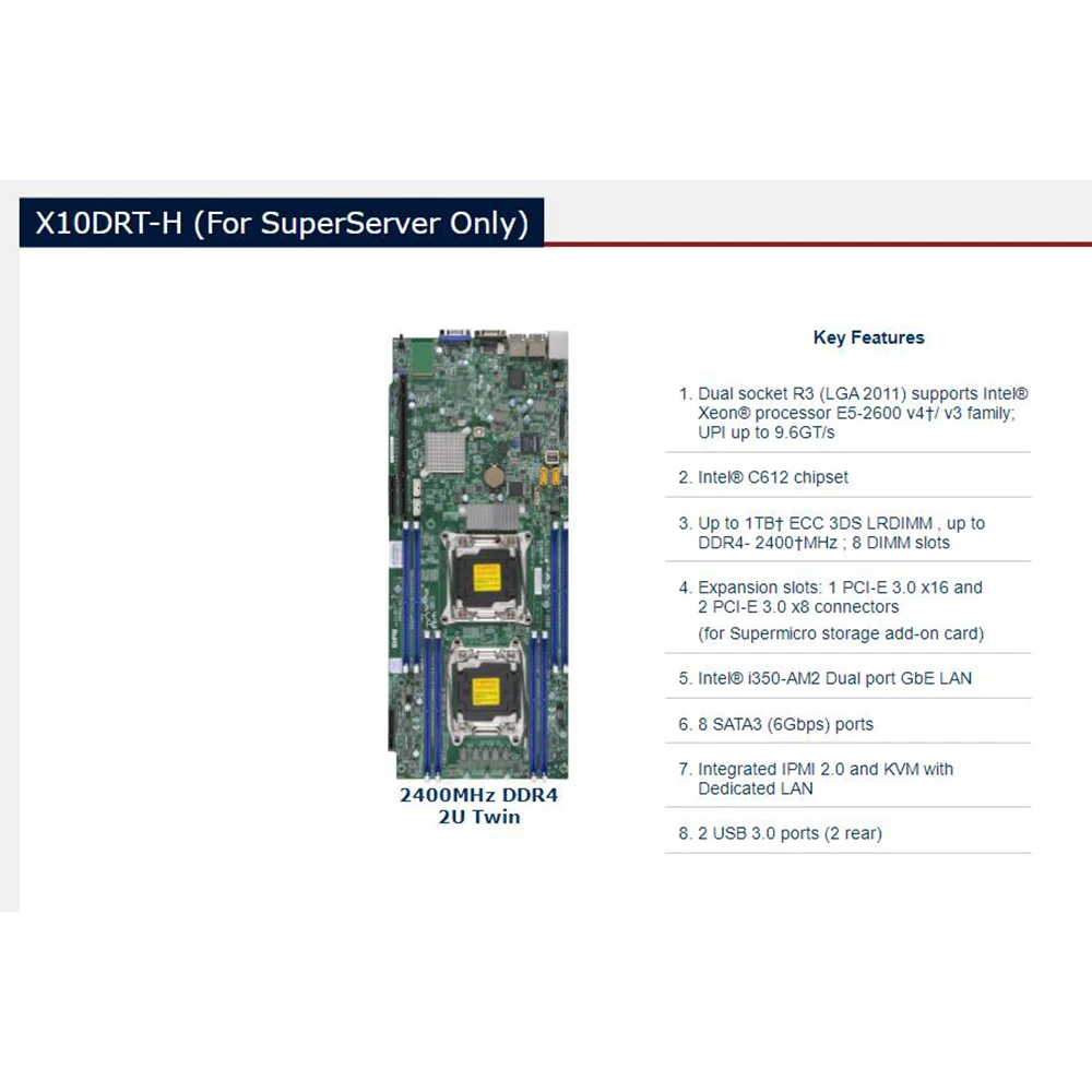 ل Supermicro 2U المزدوج المقبس R3 (LGA2011) خادم اللوحة E5-2600 v4/v3 الأسرة i350-AM2 ثنائي المنفذ GbE LAN DDR4 X10DRT-H