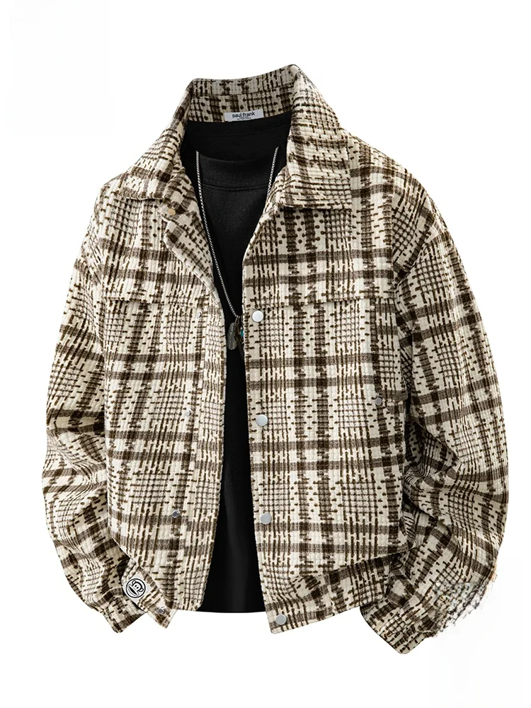 

PaulFrank Retro Plaid Workwear Jaet Men Casual Turn-down Collar Coat Autumn Trendy Design Polyester Fiber Long Sve Zipper