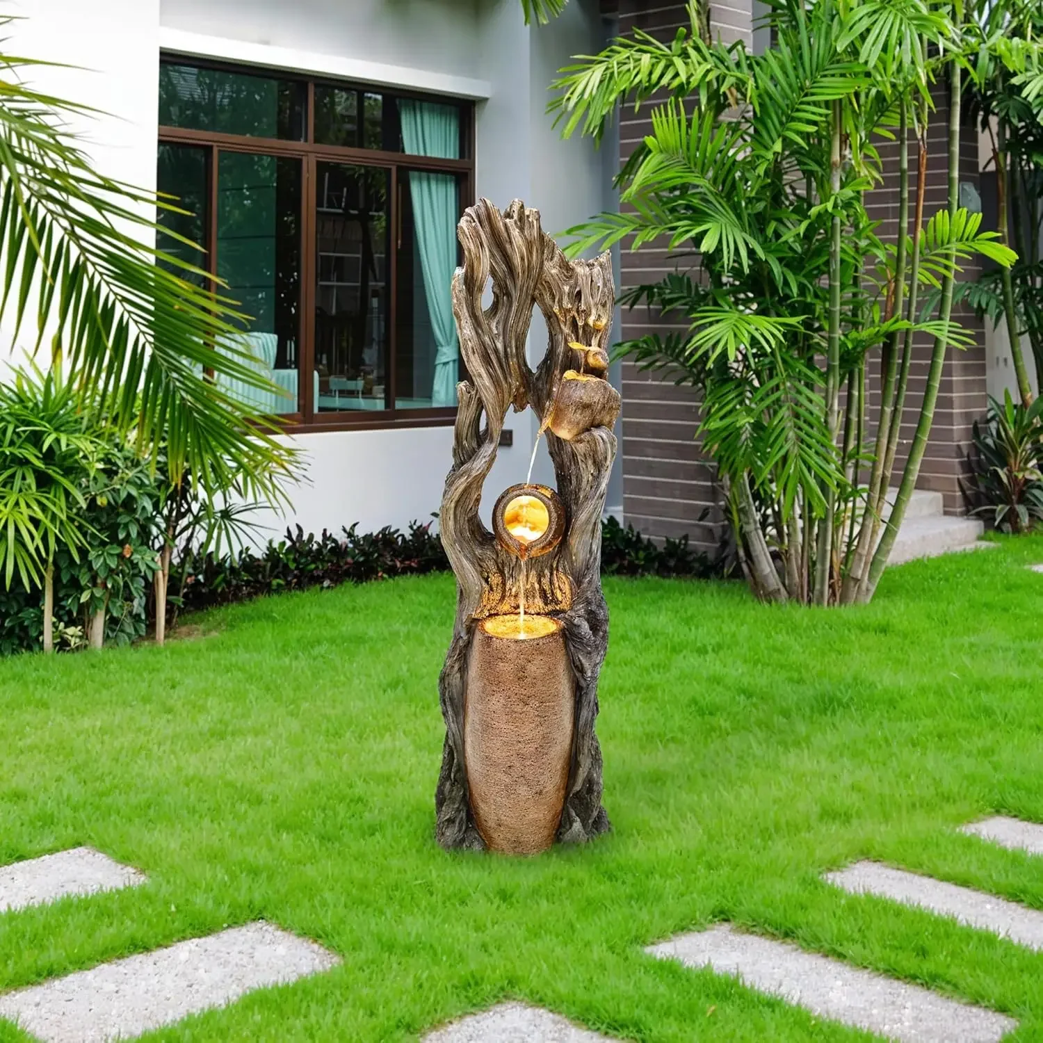 42.7in Tall Outdoor Water Fountain with LED Lights, 3-Tier Rainforest Waterfall Tree Trunk and Jar Garden Fountain, Ideal for Se
