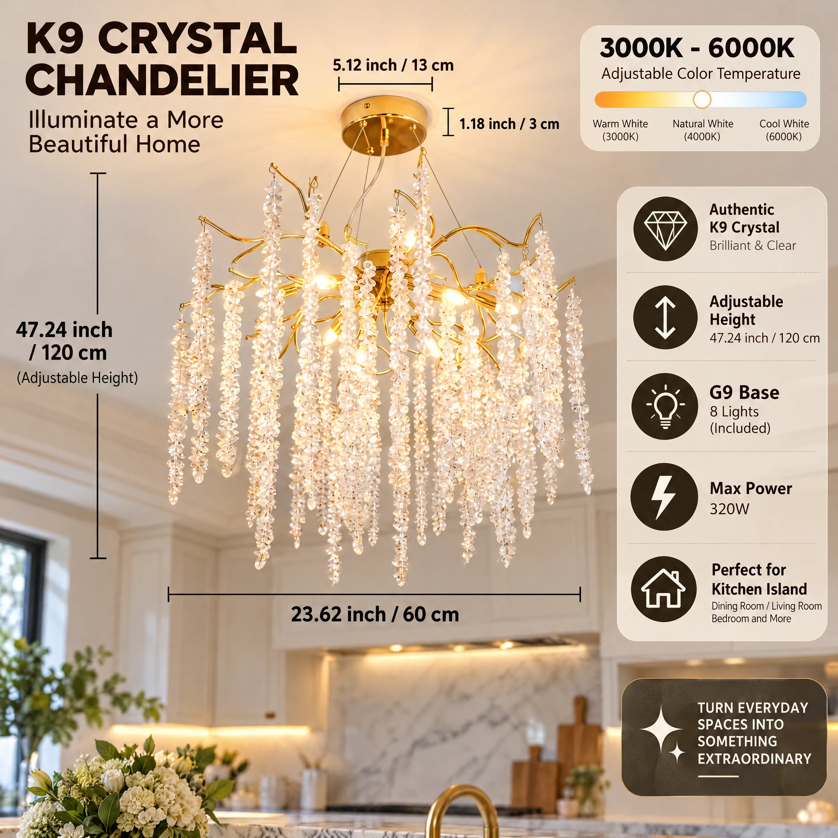 Modern Gold Branch Crystal Chandelier, 23.6