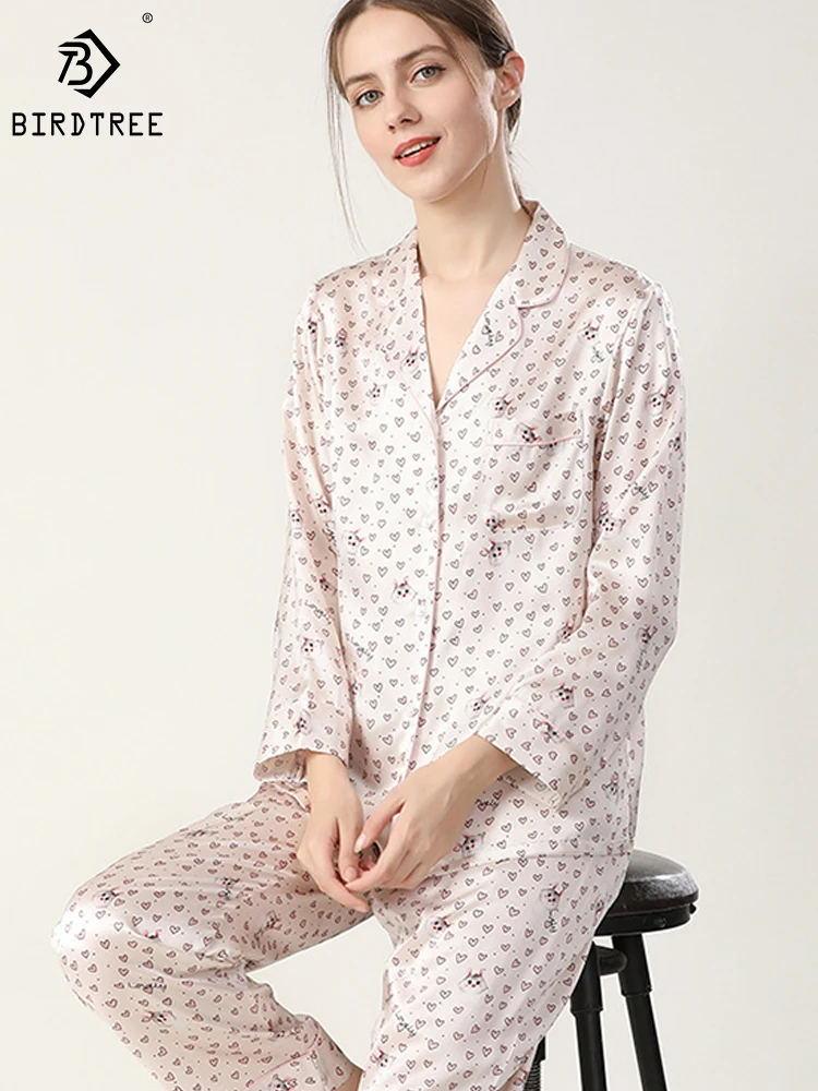 

Birdtree 19MM 100%Mulberry Silk Pajama Set Women's Lapel Long Sleeve Pants Casual Comfortable Breathable Loungewear S3N853QD