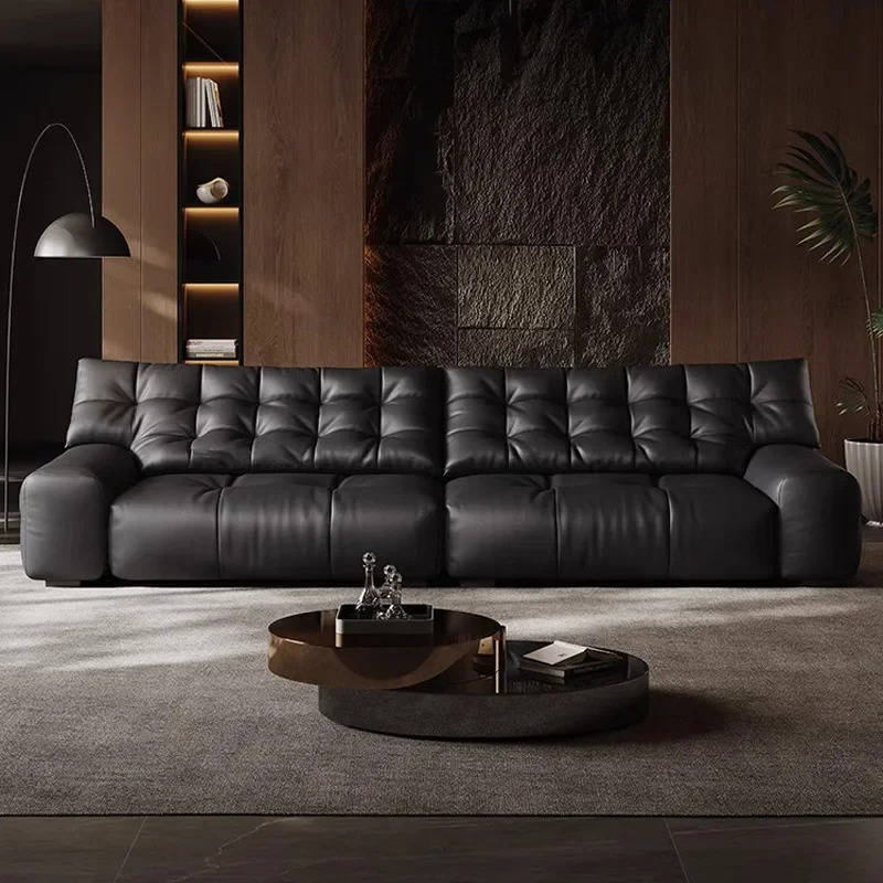 Big black bear sofa, Italian minimalist leather sofa, first-layer cowhide living room, straight row sofa, designer black sofa